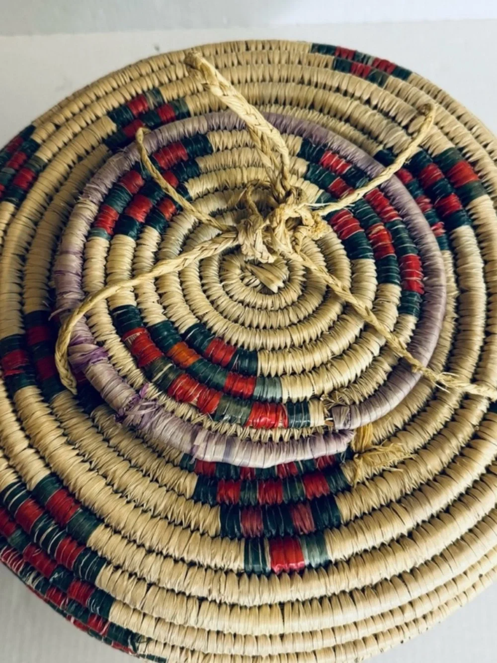 Vintage Handwoven Natural Grass Storage Basket with Red & Green Accents